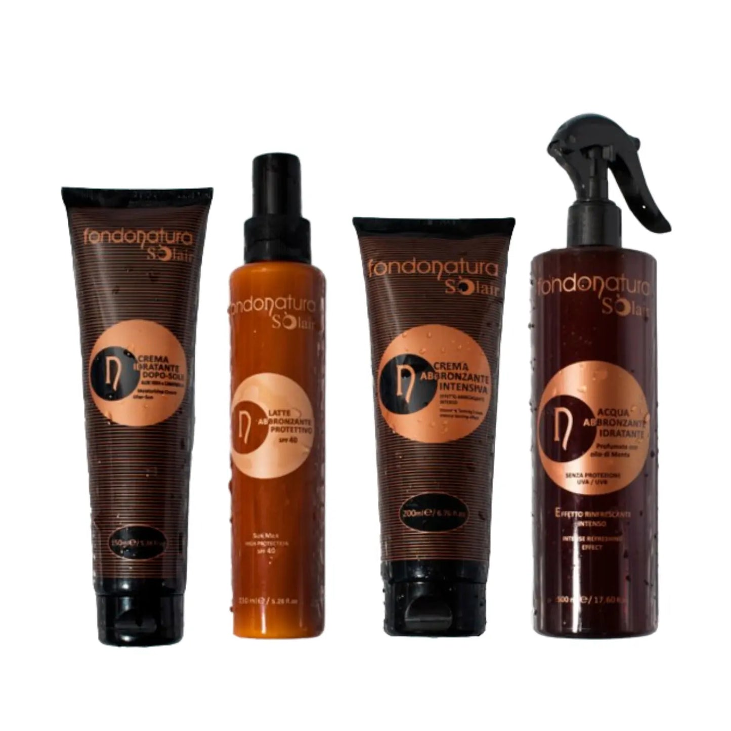 Latte abbronzante protettivo SPF 40 da 150ml Crema abbronzante intensiva da 250 ml Acqua Abbronzante Idratante da 500 ml Crema idratante doposole con aloe vera e camomilla 150ml