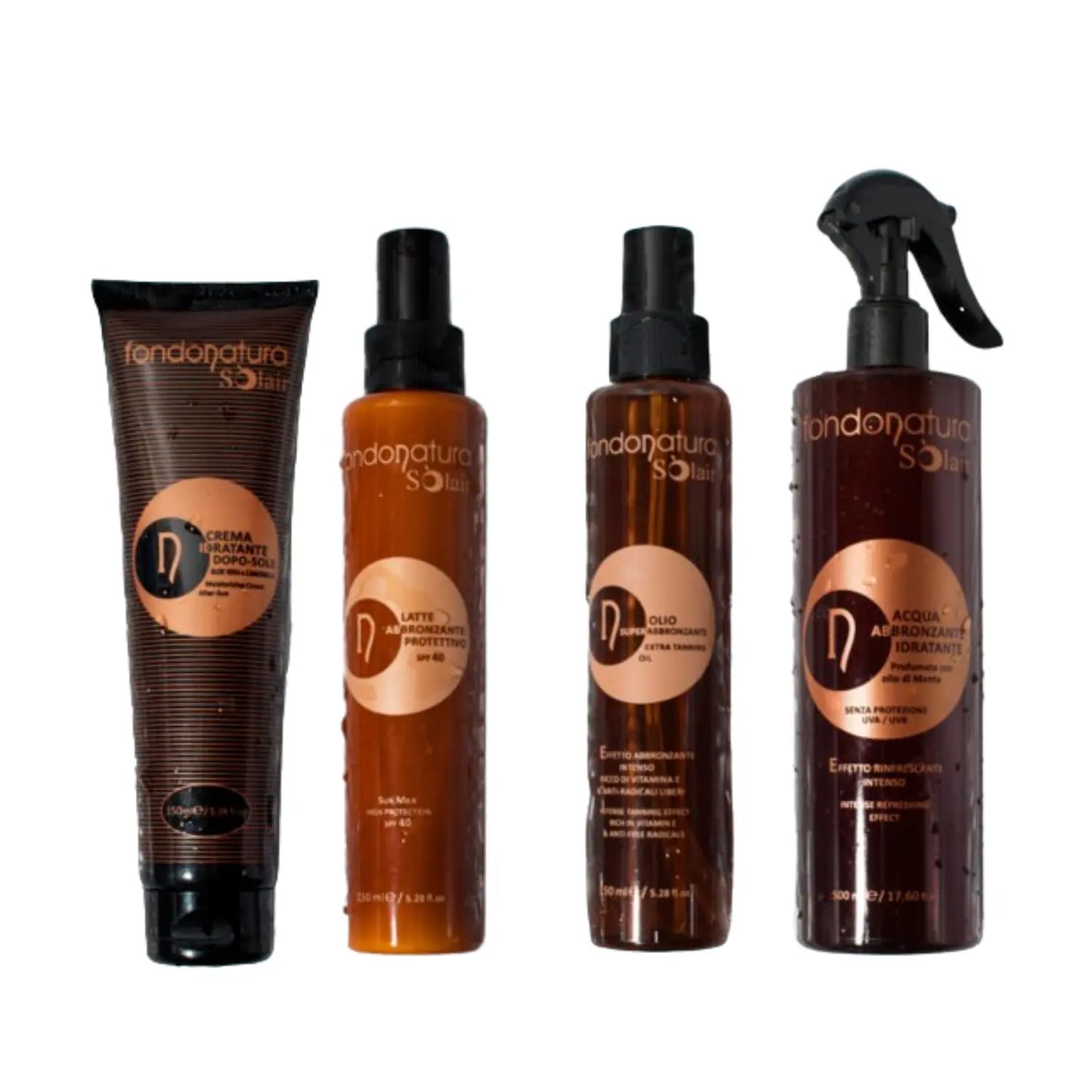 Latte abbronzante protettivo SPF 40 da 150ml Olio super abbronzante spray da 150 ml Acqua Abbronzante Idratante da 500 ml Crema idratante doposole con aloe vera e camomilla 150ml